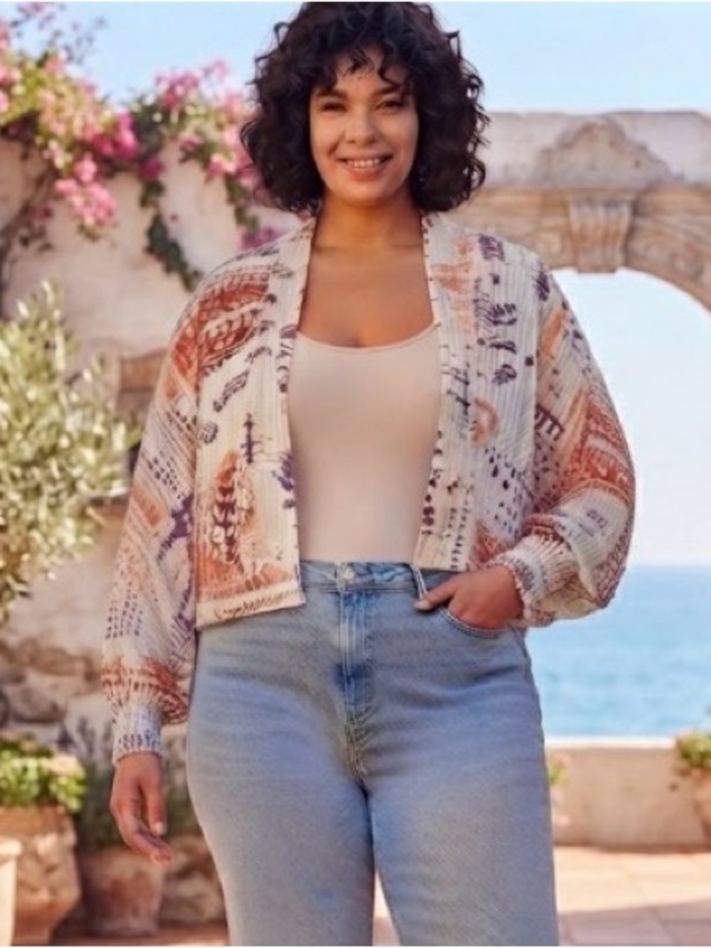 Vince Camuto Cream Multi Patterned Cropped Cardigan